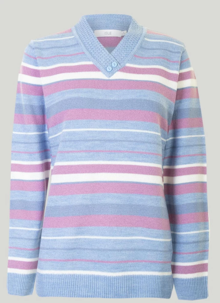 Isle Women's V-Neck Striped Jumper - Casual Comfort Knit Sweater