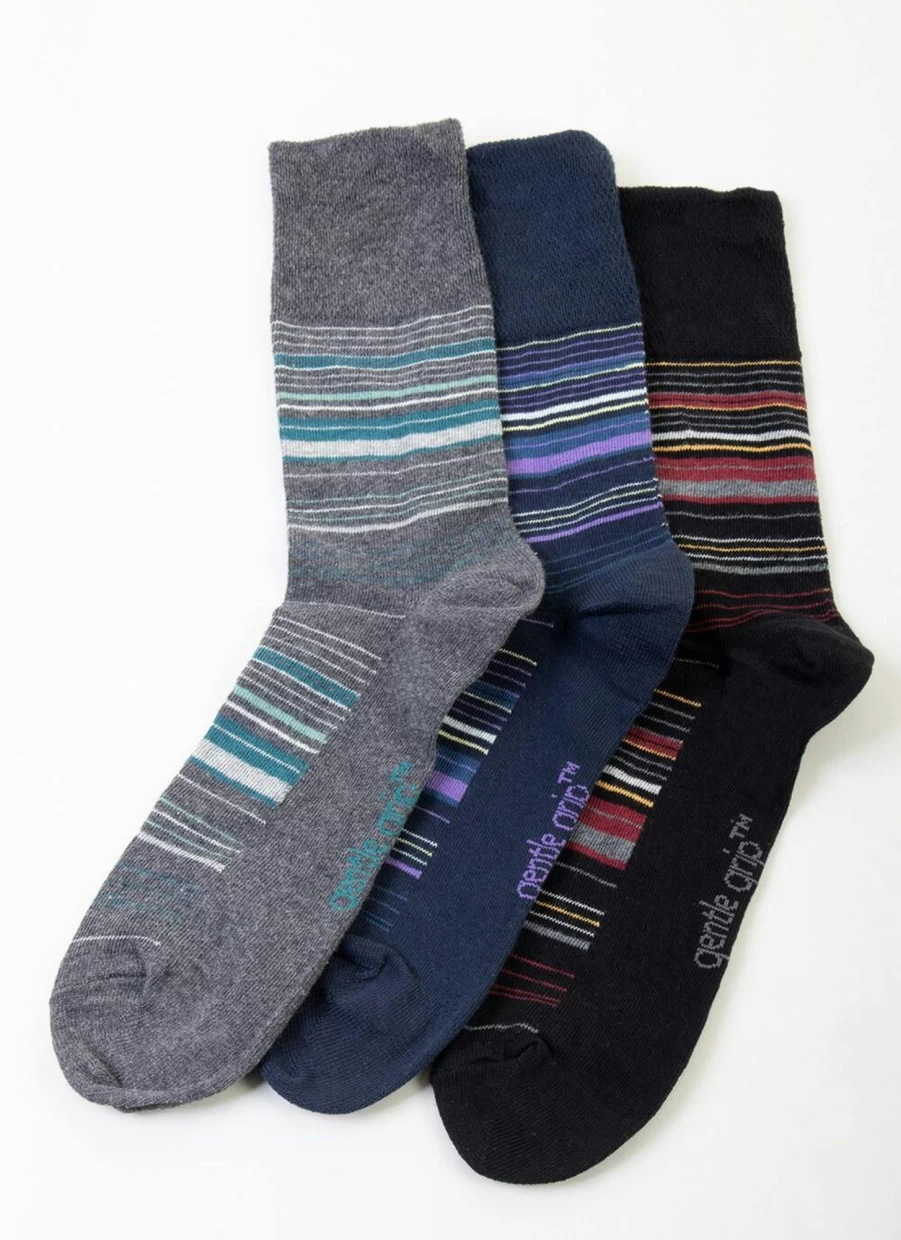 Gentle Grip Men's 3 Pack Striped Crew Socks - Comfortable & Durable Athletic Socks for Everyday Wear