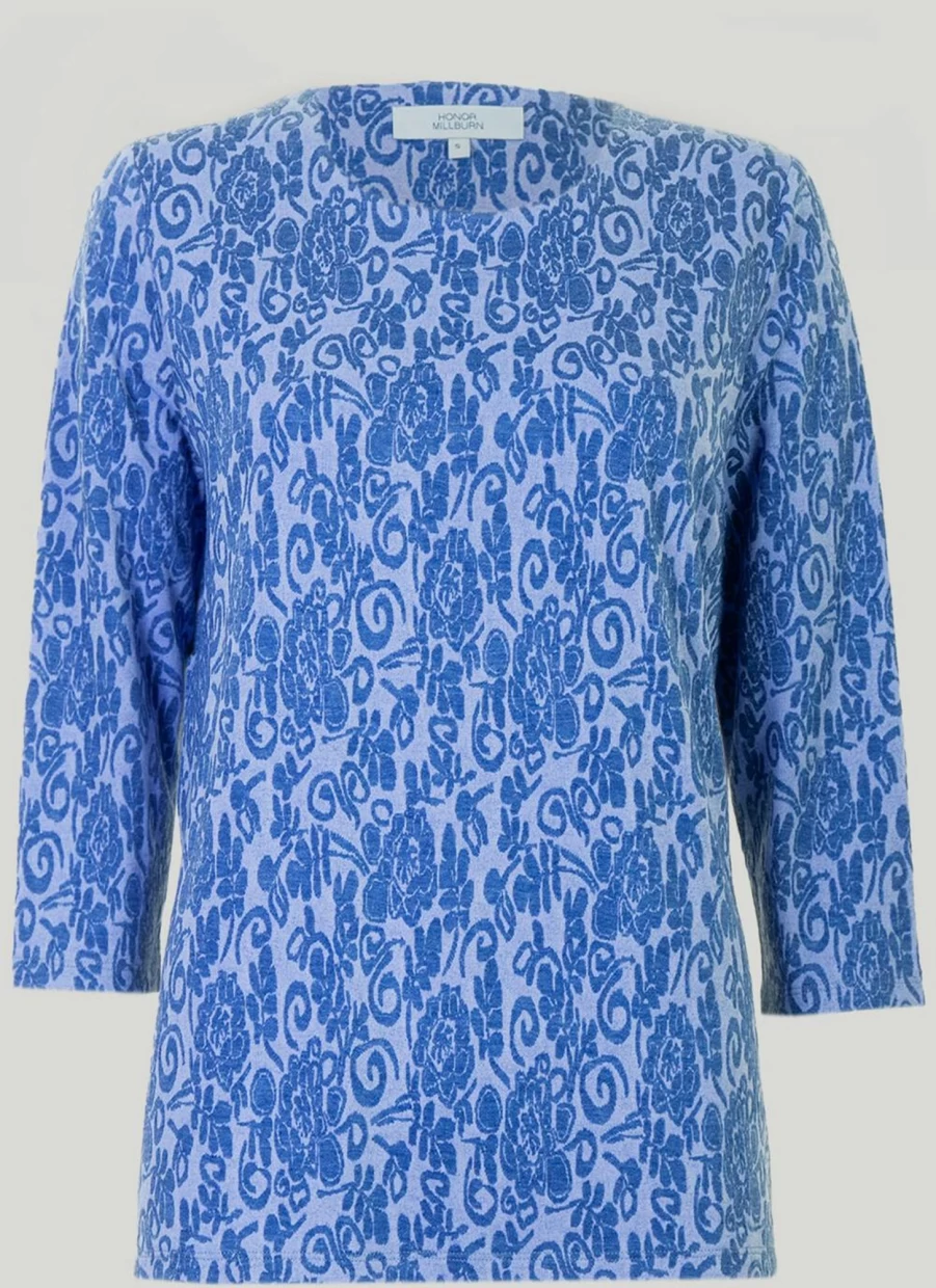 Honor Millburn Women's Blue Jacquard Print Top - Stylish Floral Design Blouse for Women