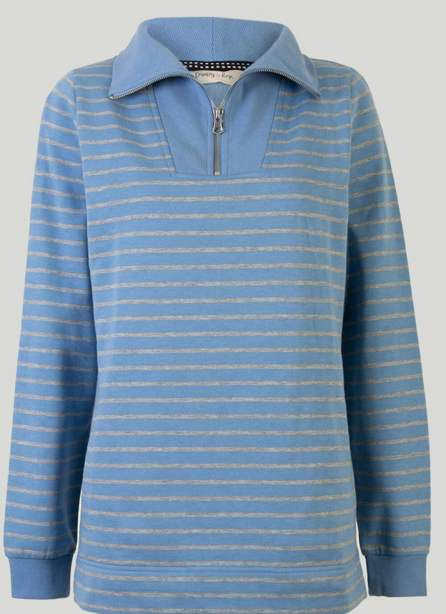 Country Rose Women's Denim Stripe Zip-Up Collared Sweatshirt