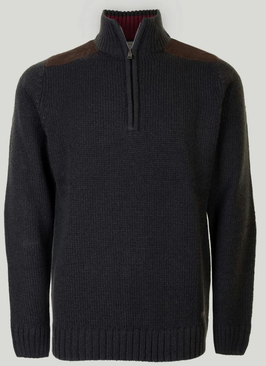 PG Field Men's Charcoal Zip-Up Jumper with Suede Trim Detail