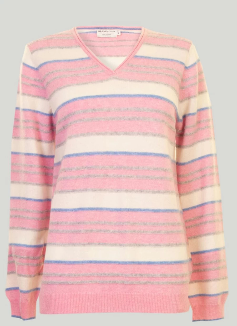 Gleneagles Women's Cashmere V-Neck Striped Jumper – Soft Luxury Knitwear