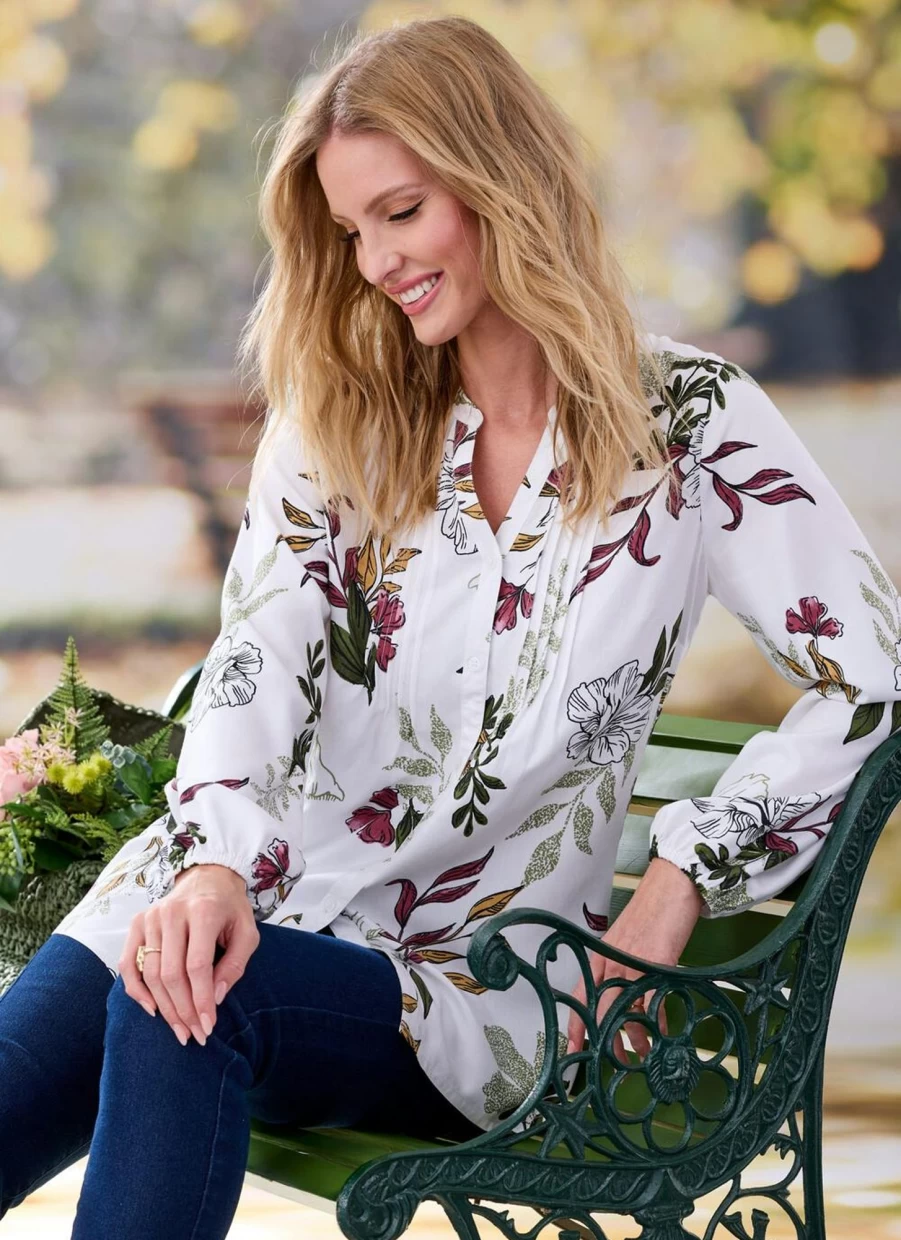 "Isle Women's Printed Leaf Blouse - Floral Bohemian Top"