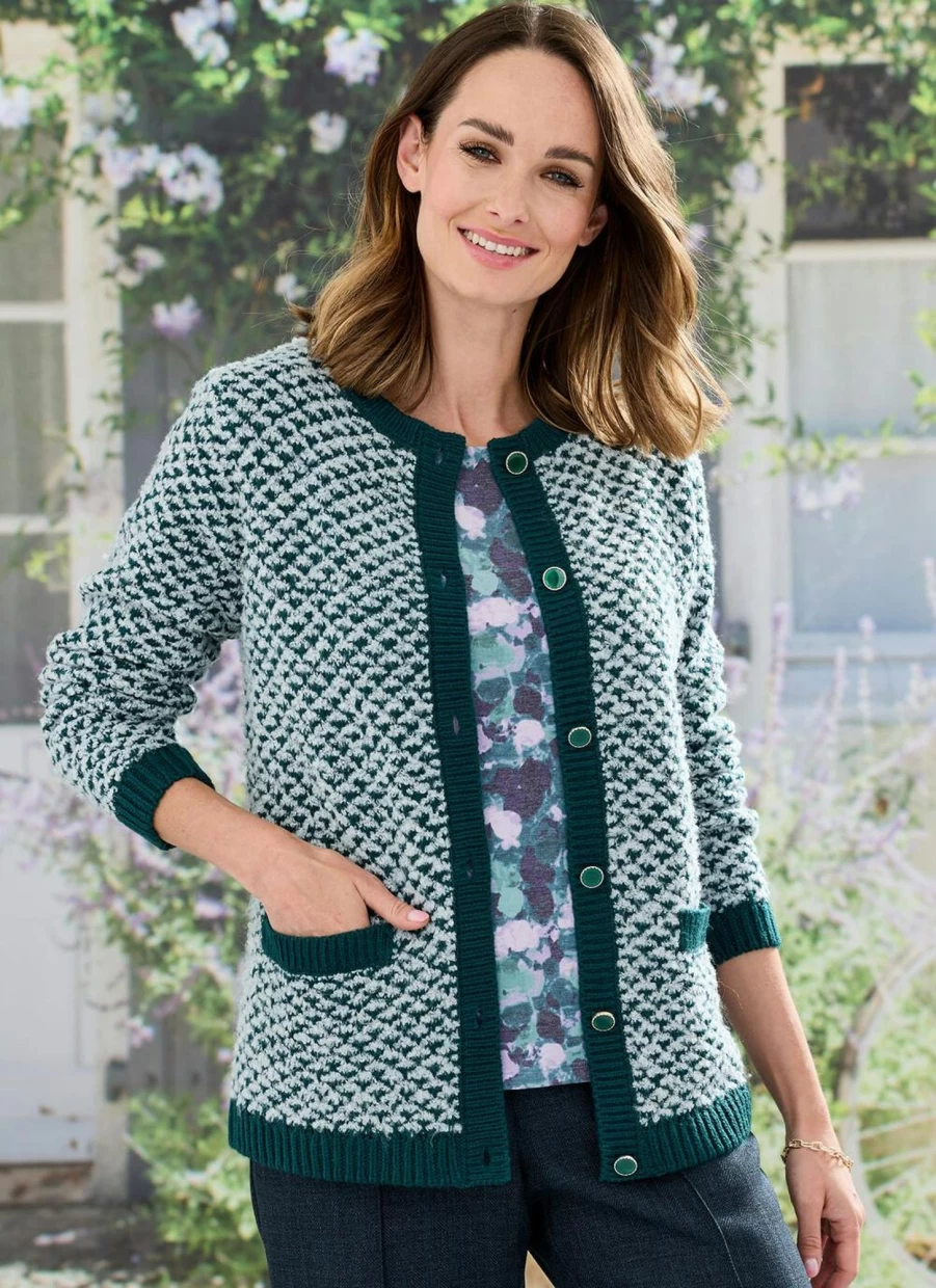 Honor Millburn Women's Green Boucle Knit Cardigan - Soft Chunky Open Front Sweater Coat