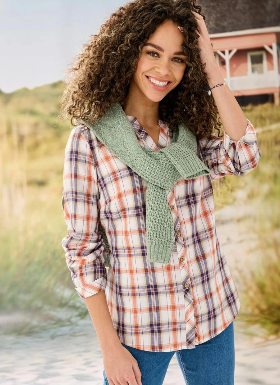 Country Rose Women's Orange Checkered Blouse - Stylish Floral Print Top for Casual Wear