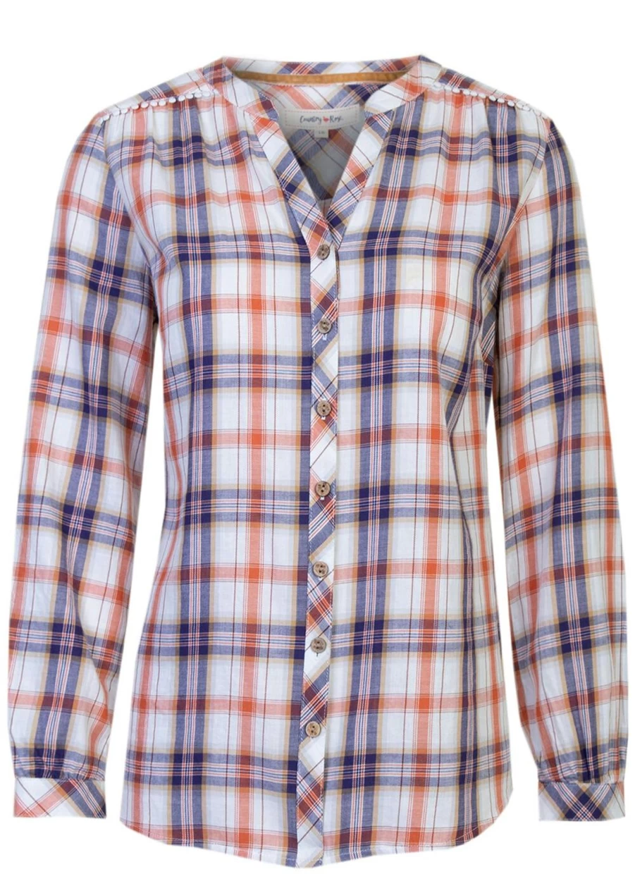 Country Rose Women's Orange Checkered Blouse - Stylish Floral Print Top for Casual Wear