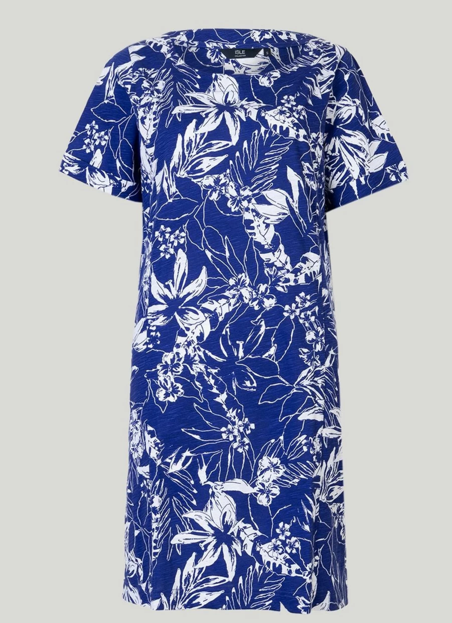 Isle Women's Blue Floral Print Jersey Dress - Casual Summer Flowy Dress