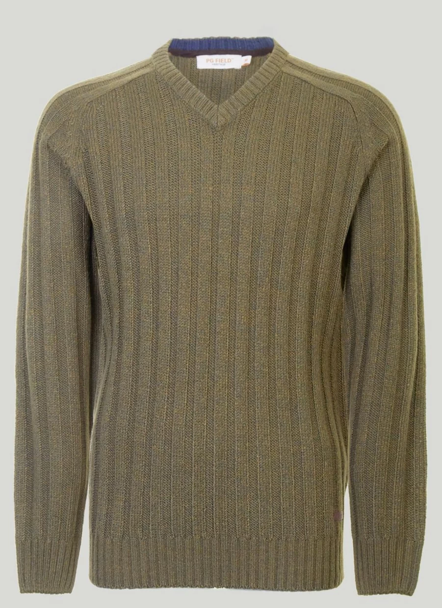 PG Field Men's Slim Fit V-Neck Ribbed Knit Jumper - Soft Stretch Comfortable Pullover Sweater
