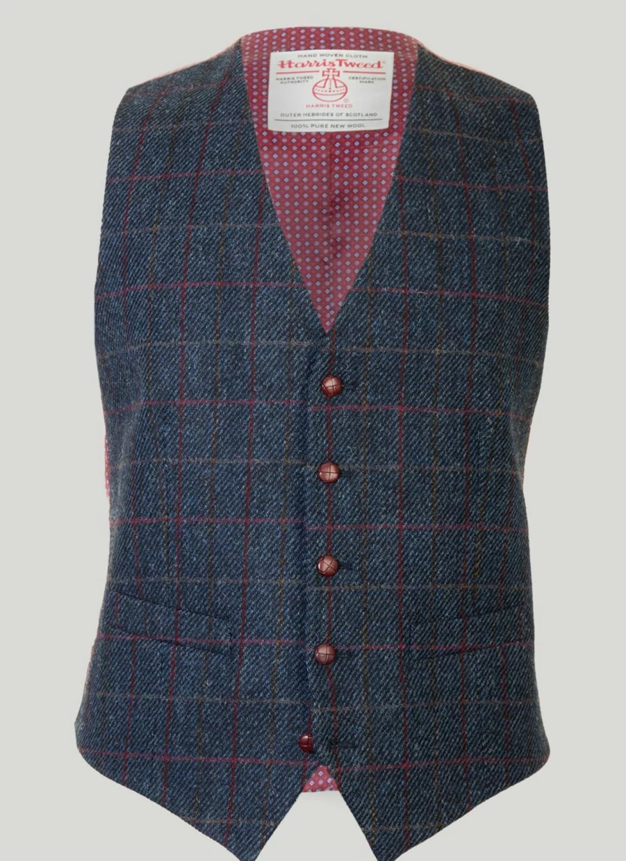 Men's Blue Harris Tweed Skye Waistcoat - Premium Handwoven Vest for Formal Wear