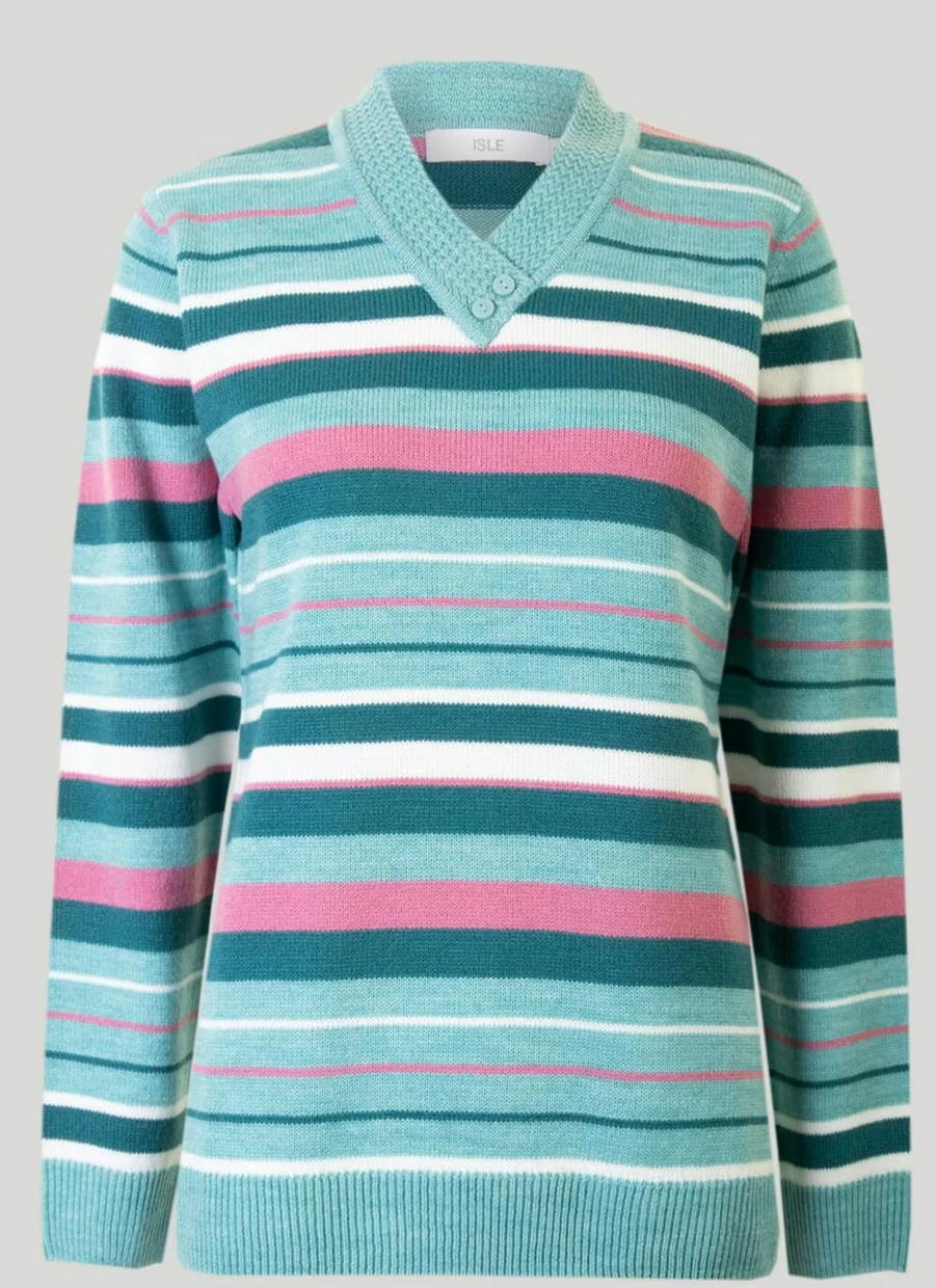 Isle Women's Aqua V-Neck Striped Knit Jumper Casual Comfortable Sweater