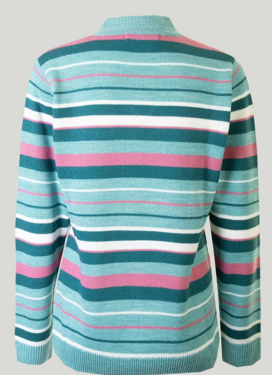 Isle Women's Aqua V-Neck Striped Knit Jumper Casual Comfortable Sweater