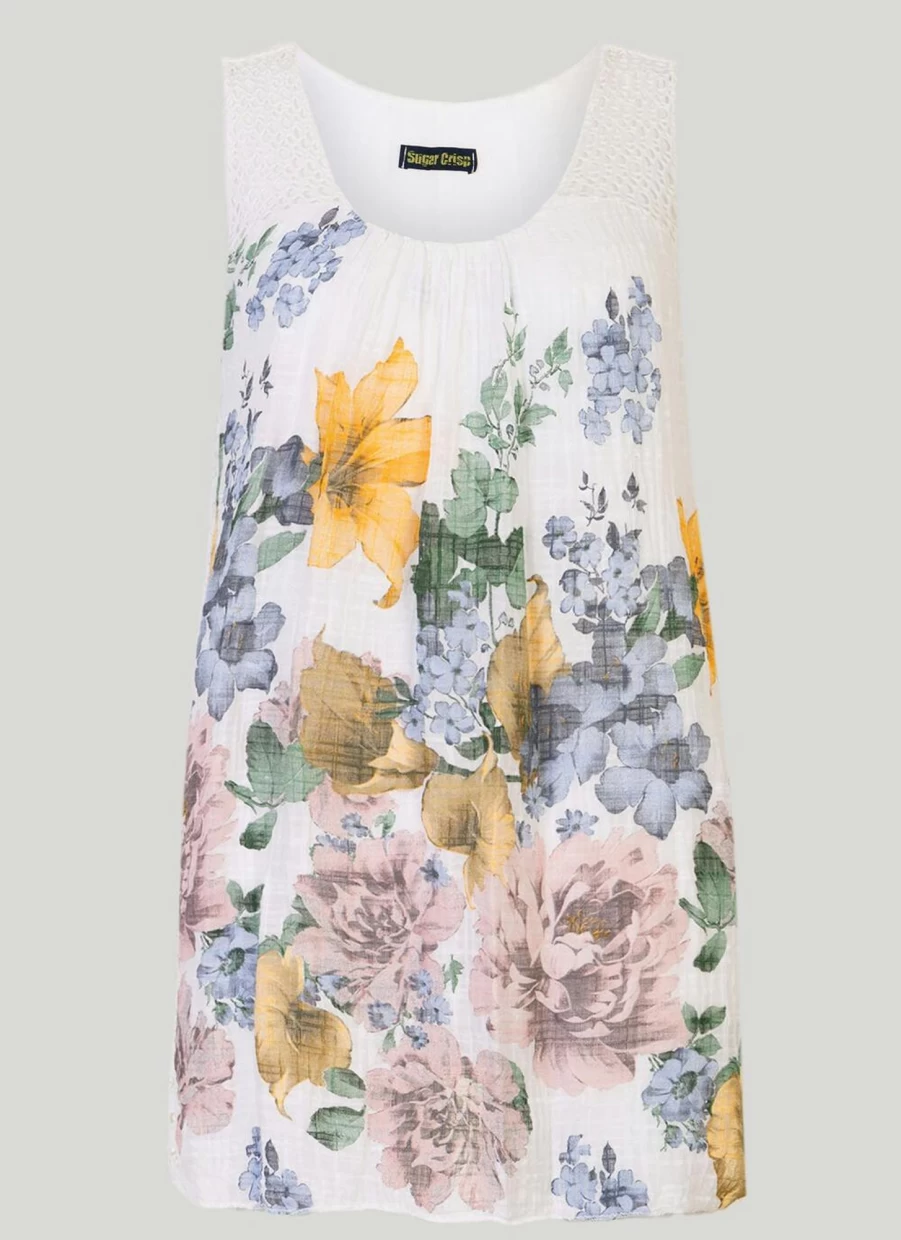 "Sugar Crisp Women's Ivory Floral Print Blouse - Elegant Flowy Tops"