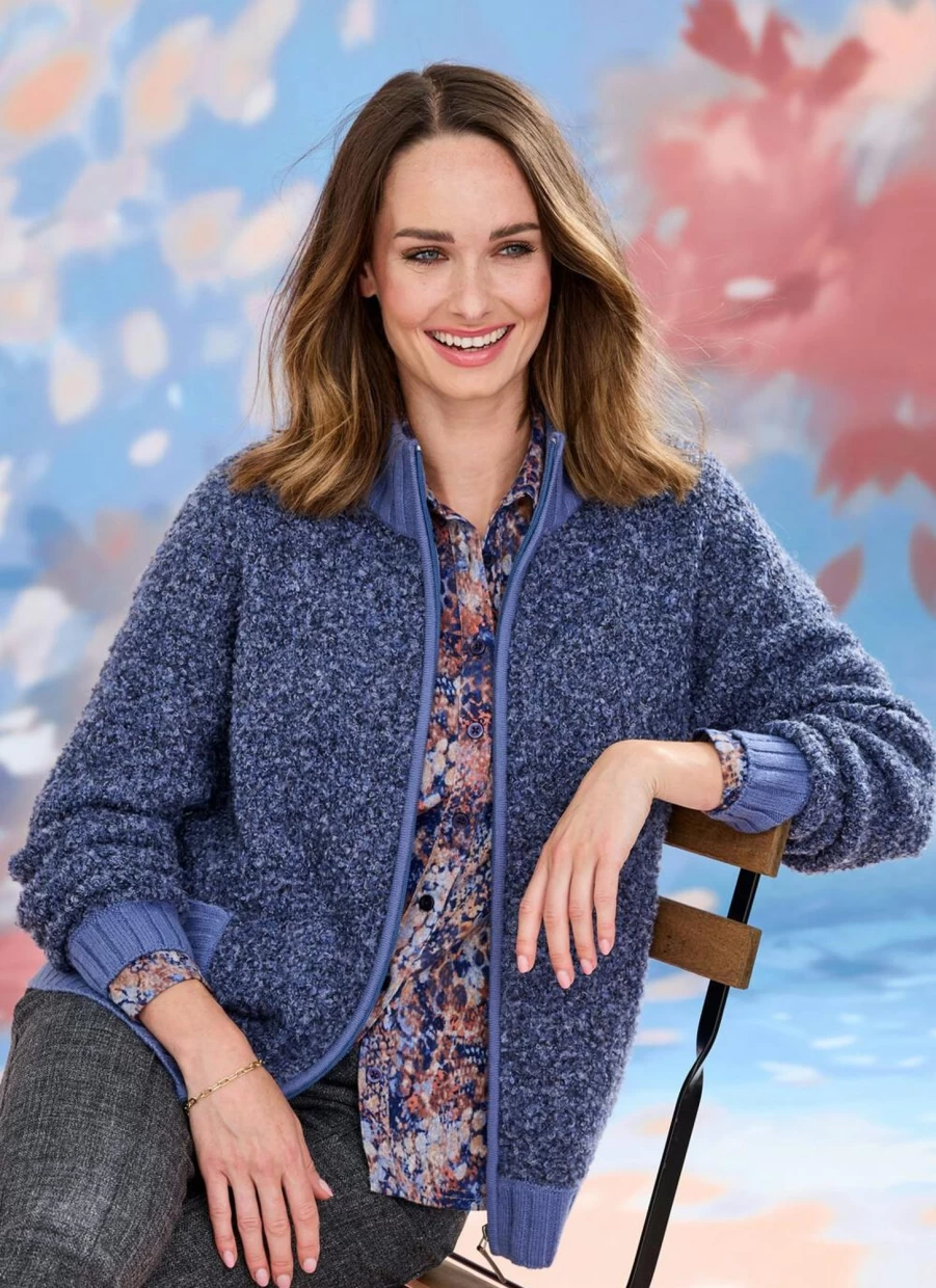 Honor Millburn Women's Blue Boucle Zip Front Cardigan - Cozy Knit Sweater Jacket