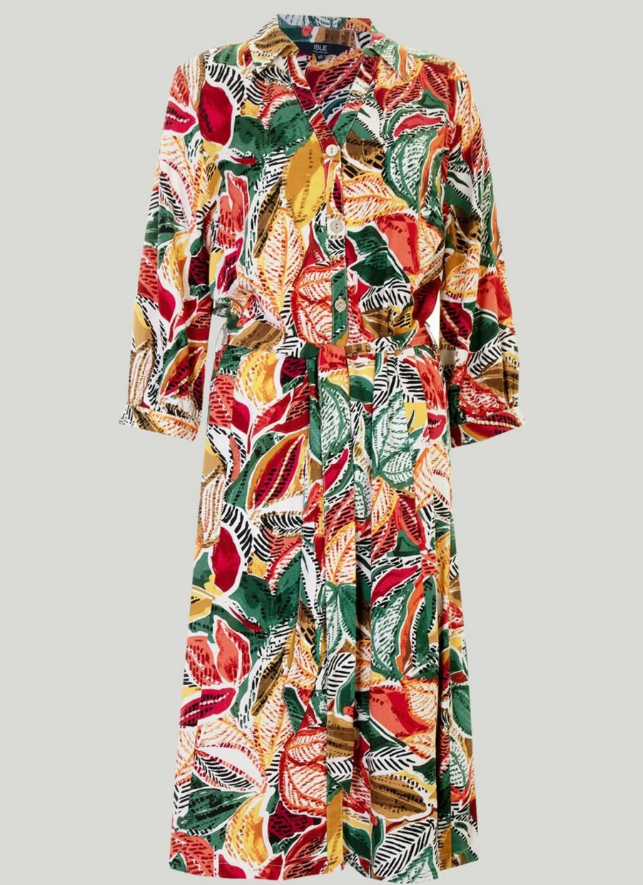 Isle Women's Leaf Print Shirt Dress - Stylish Casual Summer Dress with Botanical Design
