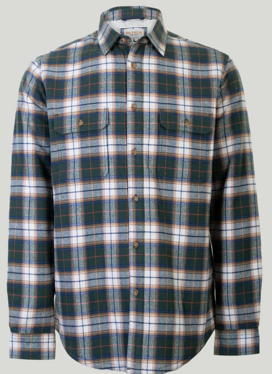 PG Field Men's Sherpa-Lined Flannel Check Shirt - Warm Plaid Button-Up