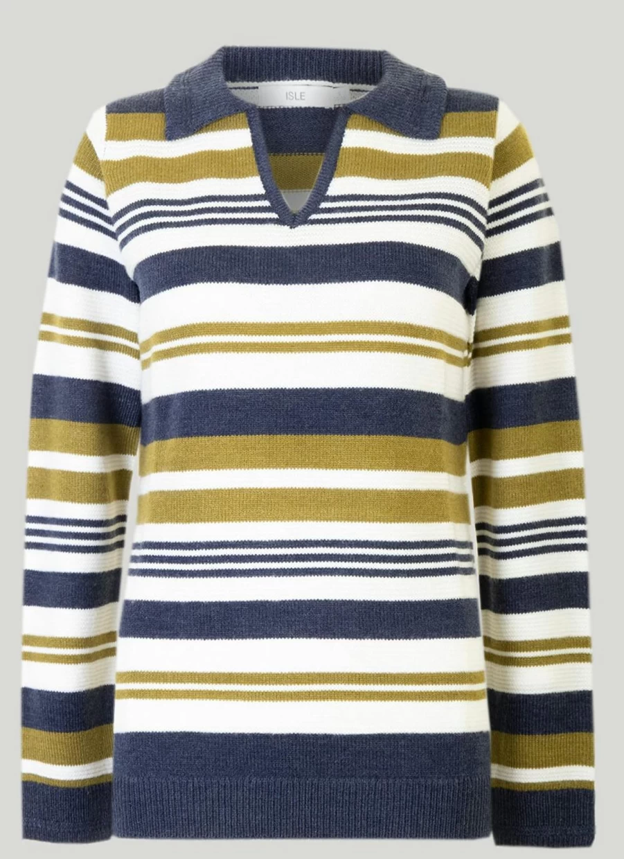 Isle Women's Collared Striped Jumper - Classic Knit Sweater with Stripe Detail