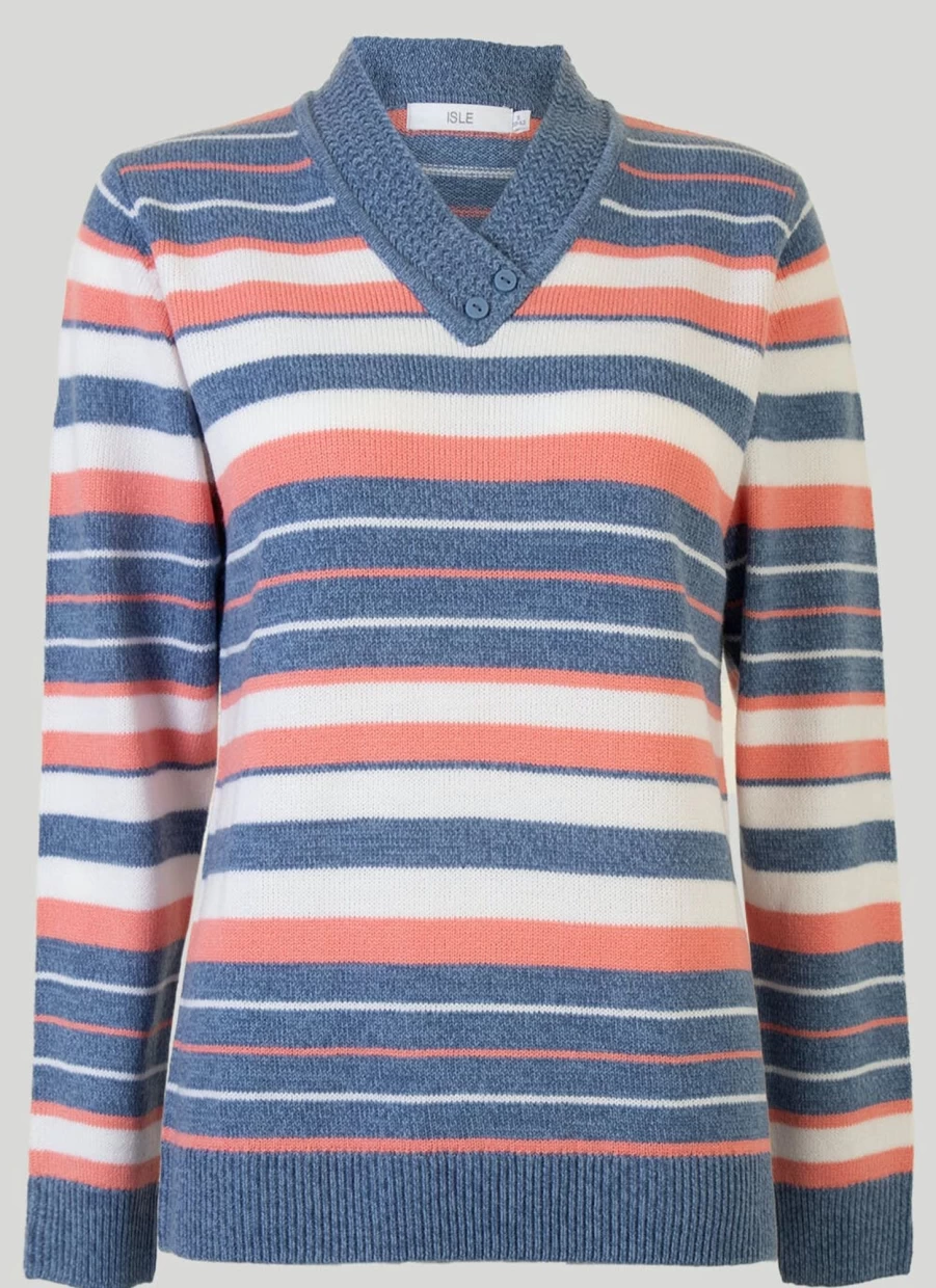 Isle Women's V-Neck Striped Knit Jumper - Soft Casual Pullover Sweater