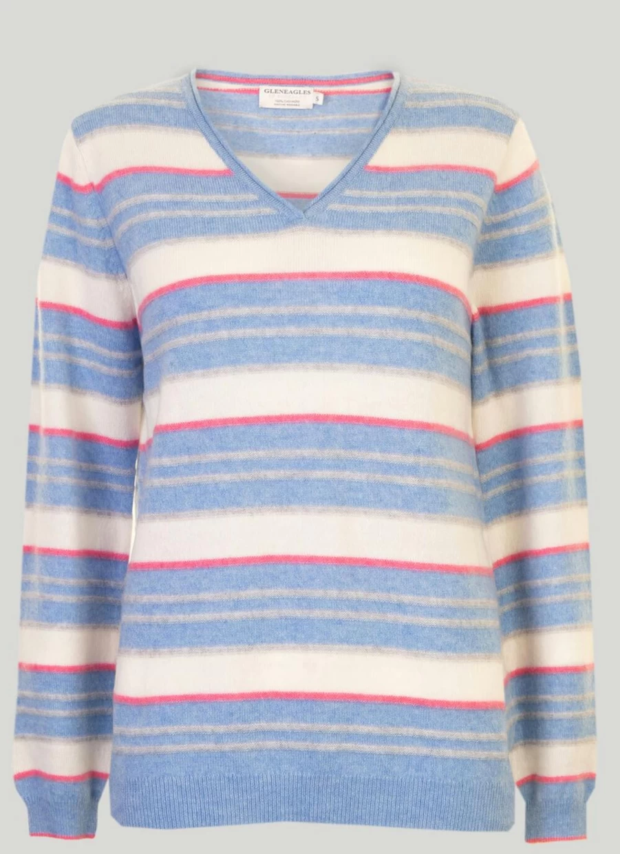 Gleneagles Women's Cashmere V-Neck Striped Jumper - Soft Luxury Knitwear