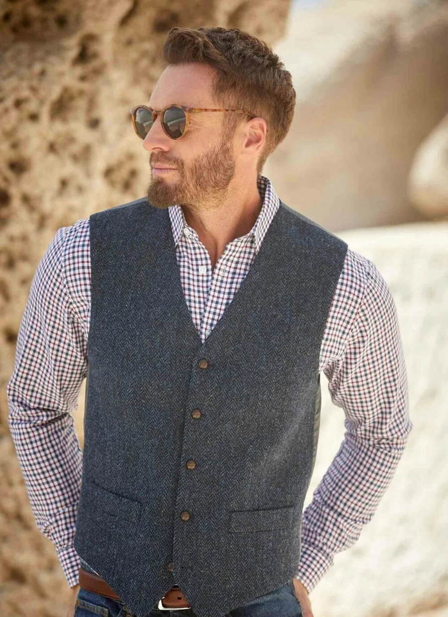 Men's Blue Harris Tweed Benbecula Waistcoat - Classic British Style Vest for Formal Wear