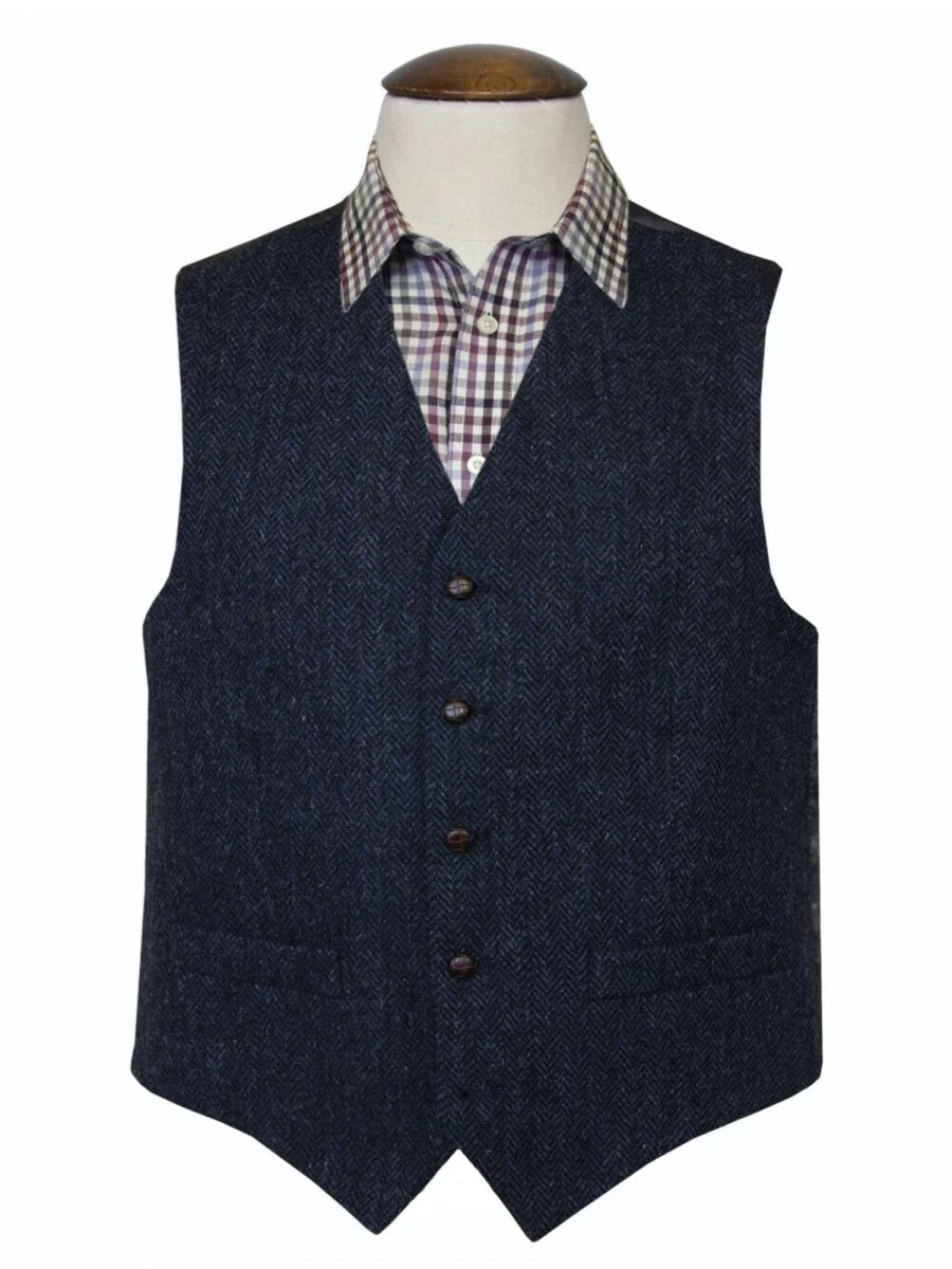 Men's Blue Harris Tweed Benbecula Waistcoat - Classic British Style Vest for Formal Wear