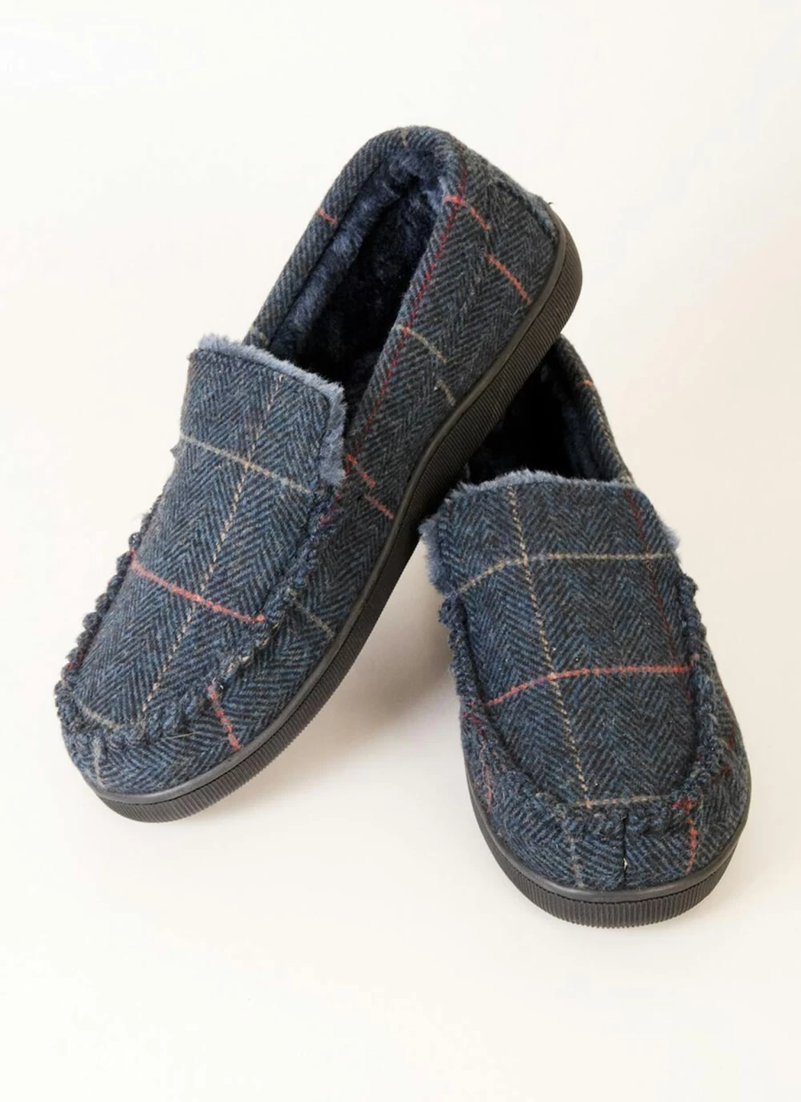 James Pringle Men's Check Moccasin Slippers – Premium Leather Indoor/Outdoor Comfort