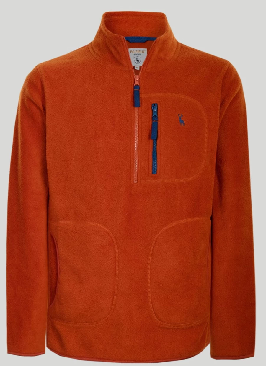 PG Field Men's Orange Half Zip Fleece Pullover - Soft & Comfortable