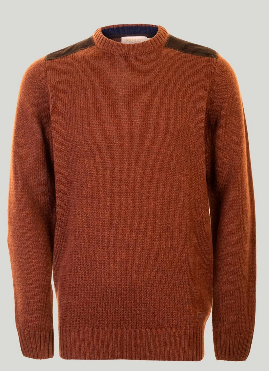 PG Field Men's Suede Trim Crew Neck Jumper - Soft Winter Pullover Sweater