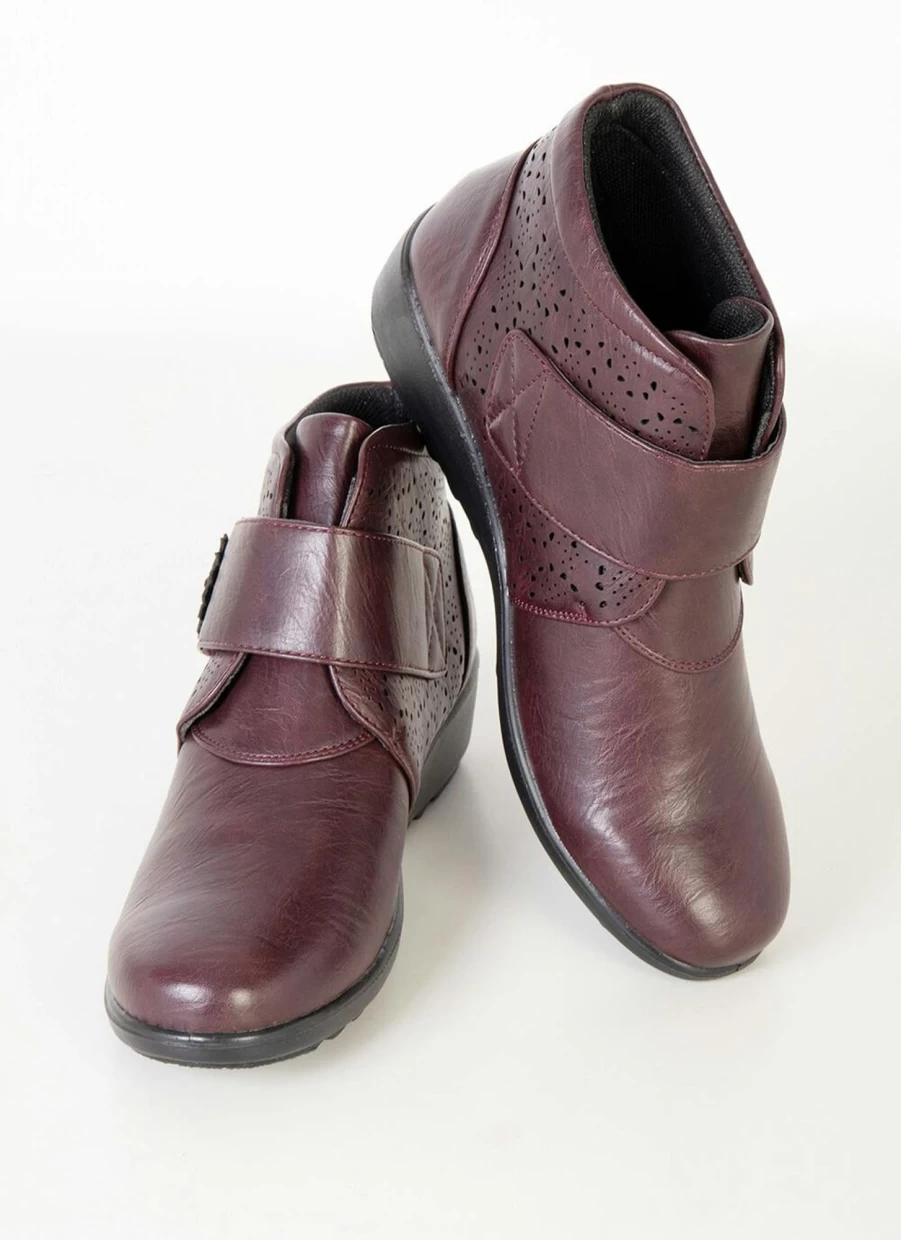 Comfy Sense Women's Burgundy Floral Ankle Boots with Button Detail