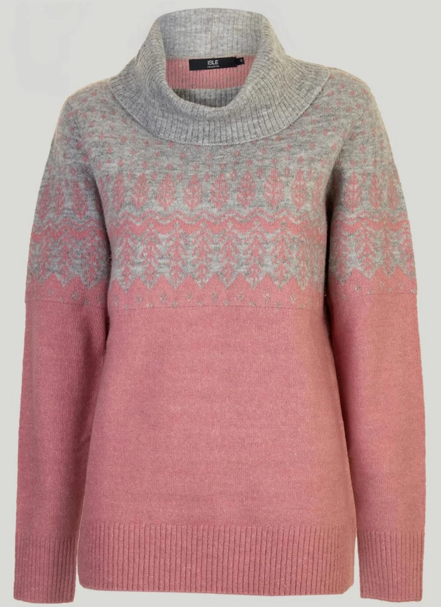 Isle Women's Pink Cowl Neck Jacquard Knit Sweater - Elegant Casual Pullover