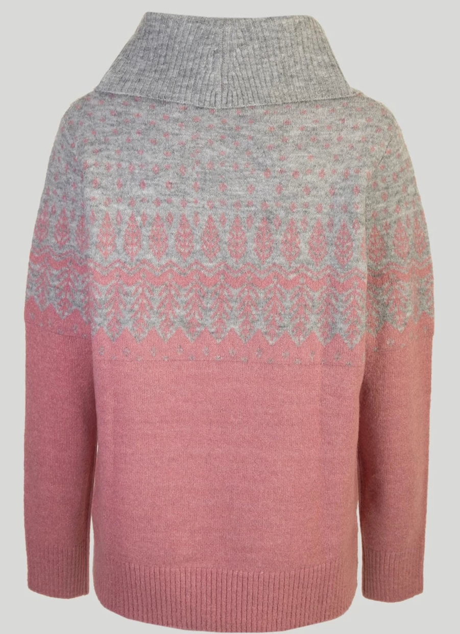 Isle Women's Pink Cowl Neck Jacquard Knit Sweater - Elegant Casual Pullover