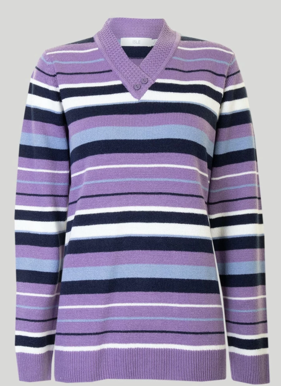 Isle Women's Lilac Striped V-Neck Jumper Soft Knit Sweater Casual Comfort