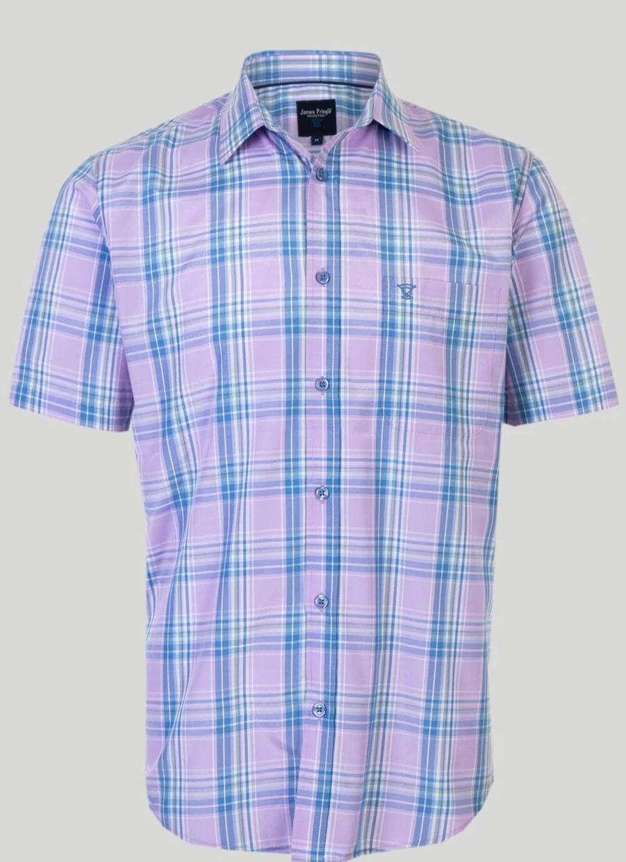James Pringle Men's Classic Short Sleeve Check Shirt - Casual Plaid Button-Up Shirt for Men