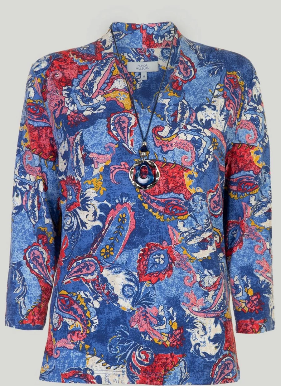 Honor Millburn Women's Printed Statement Necklace Top - Stylish Floral Design Blouse for Fashionable Outfits