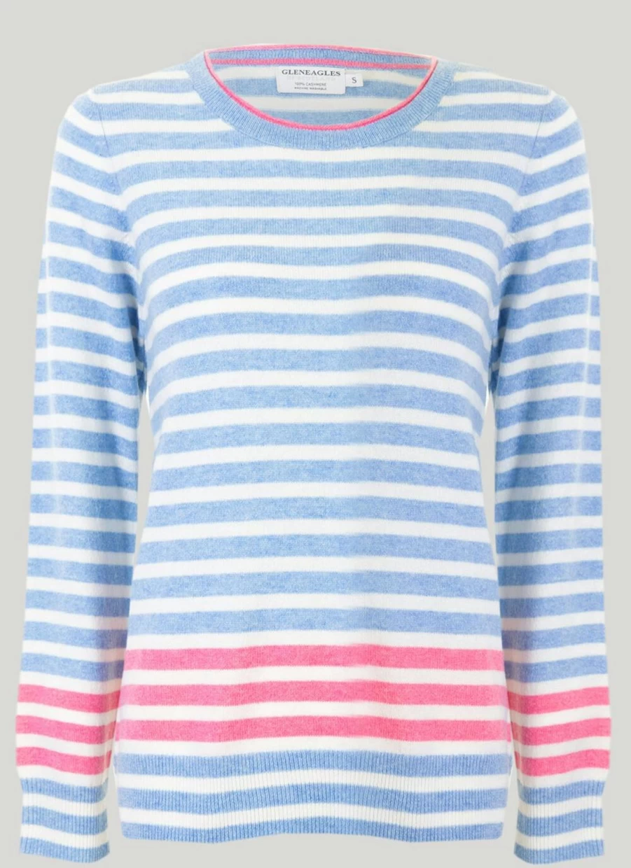 Gleneagles Women's Cashmere Striped Crew Neck Sweater Soft Luxury Knitwear