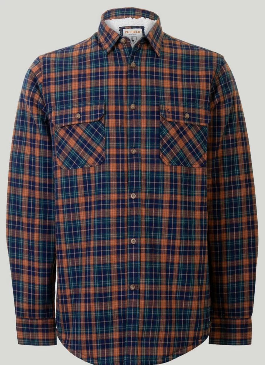 PG Field Men's Sherpa-Lined Flannel Check Shirt - Warm Plaid Winter Shirt