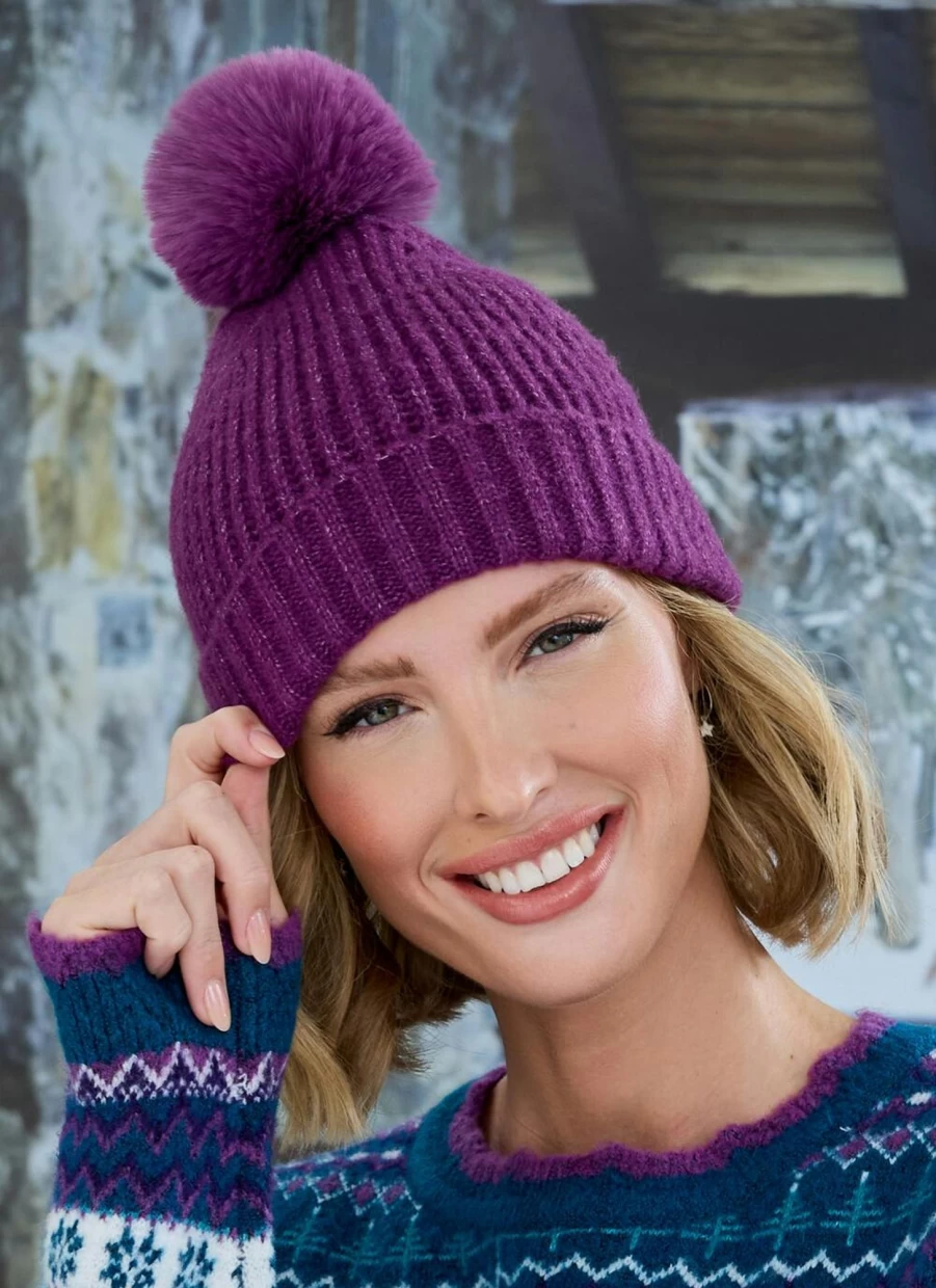 Isle Women's Grape Knitted Faux Fur Pom Winter Hat
