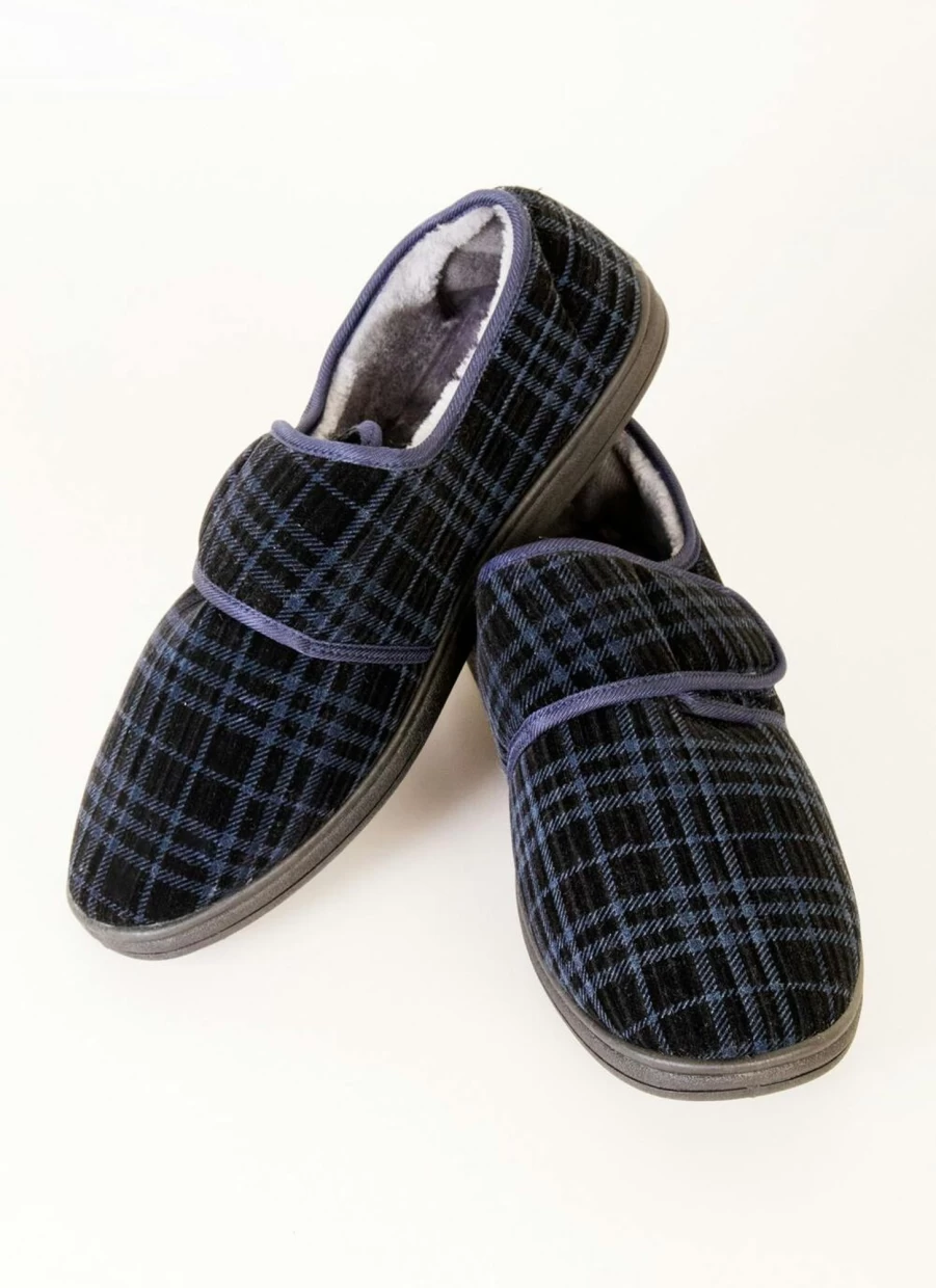 James Pringle Men's Check Velcro Slippers - Comfortable Non-Slip Indoor/Outdoor House Shoes