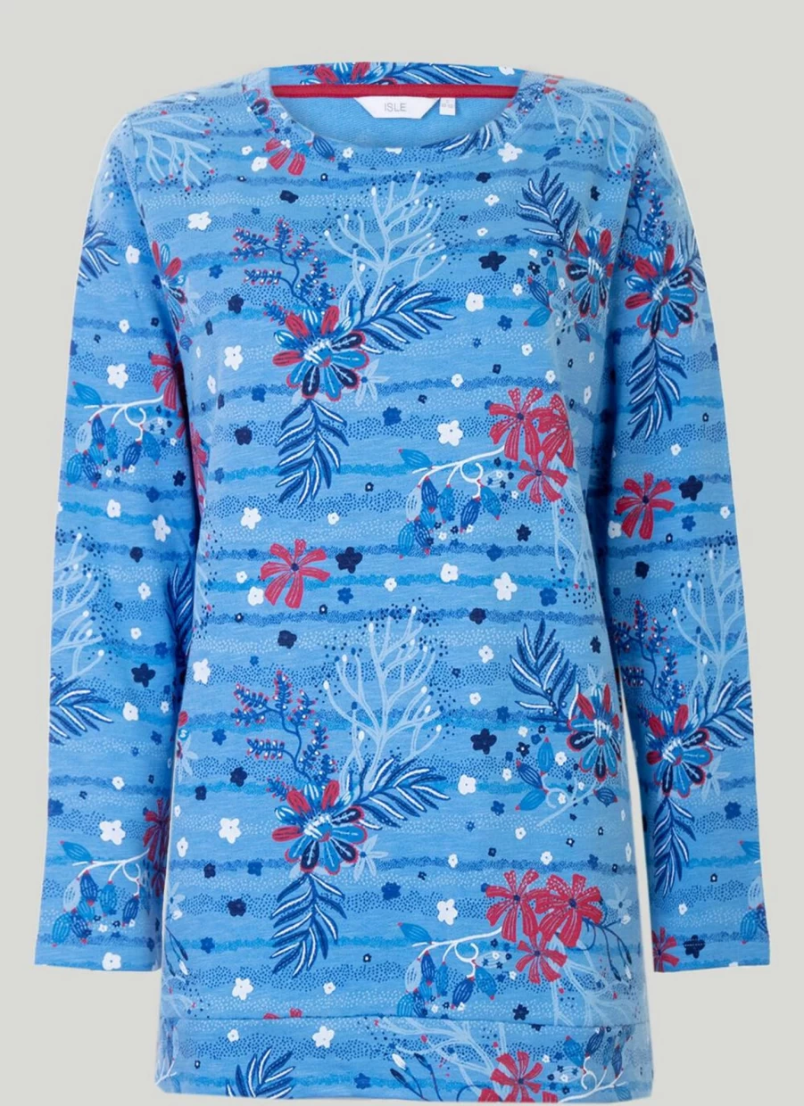 Isle Women's Blue Print Tunic Top - Floral Bohemian Casual Blouse