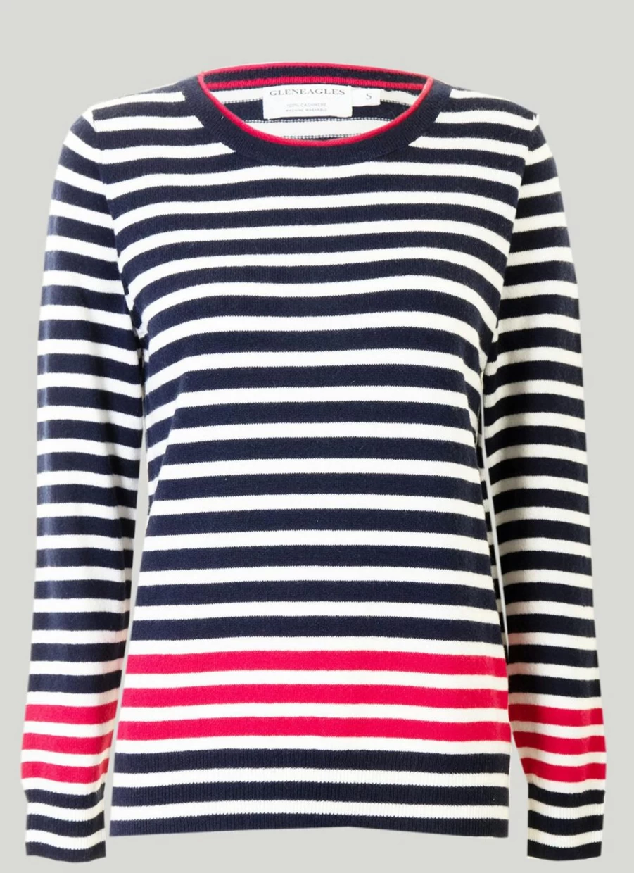 Gleneagles Women's Cashmere Striped Crew Neck Sweater Soft Luxury Knitwear