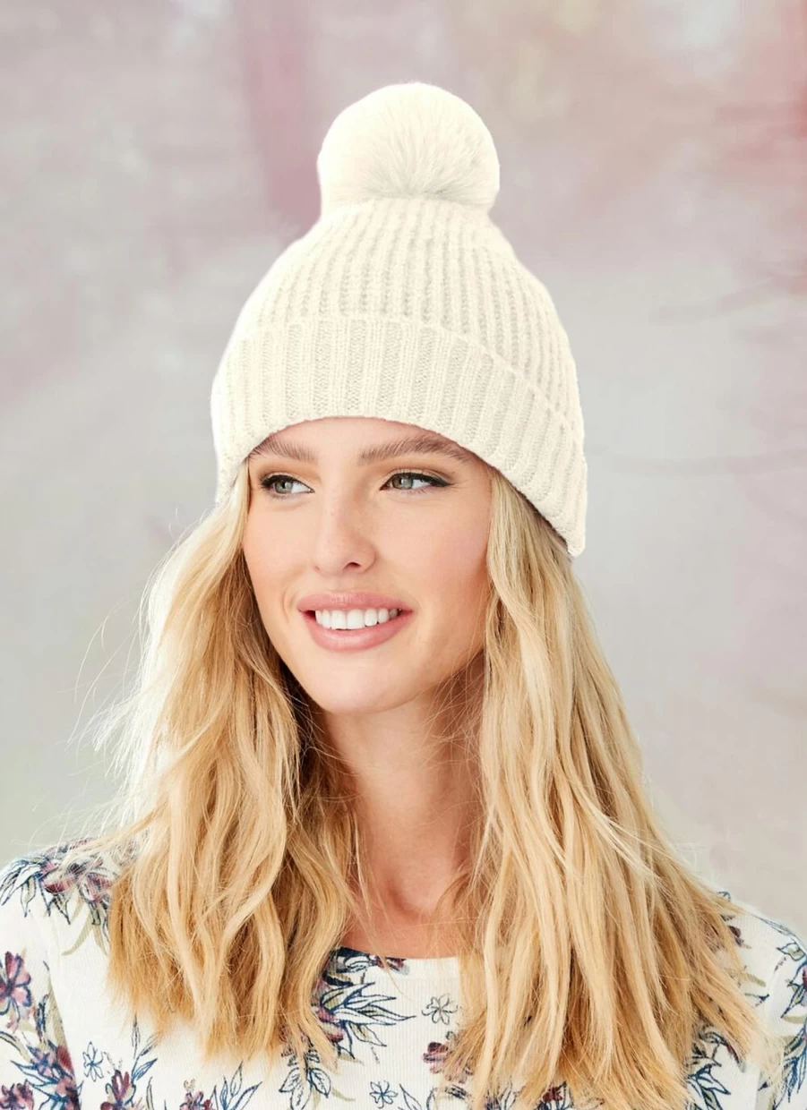 Isle Women's Ivory Knitted Faux Fur Pom Pom Beanie Winter Hat