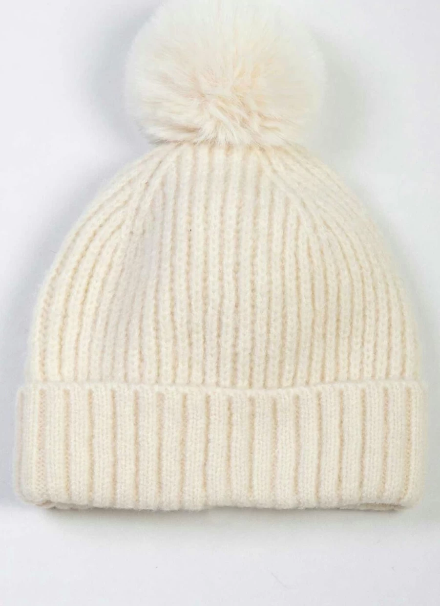 Isle Women's Ivory Knitted Faux Fur Pom Pom Beanie Winter Hat