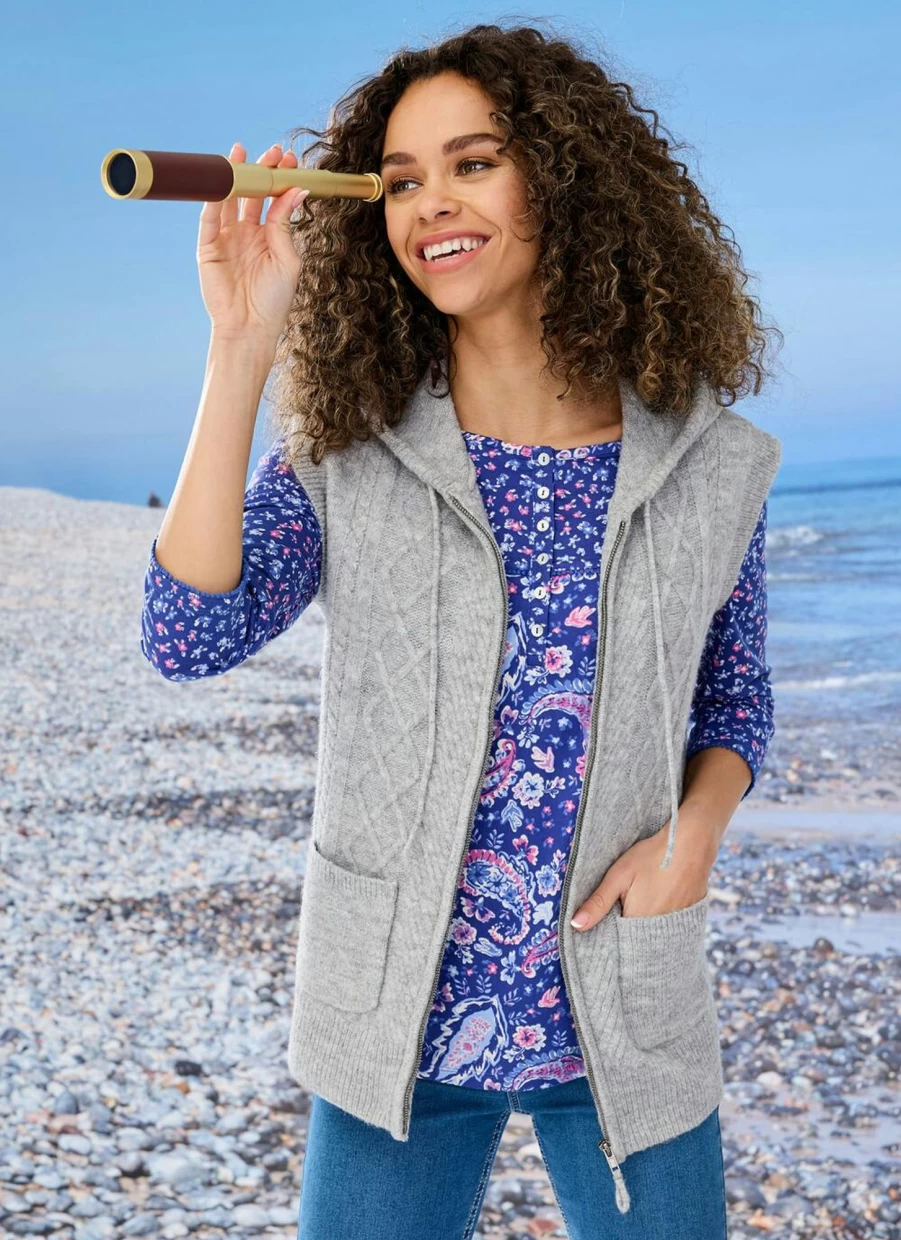 Country Rose Women's Cable Knit Hooded Gilet - Stylish Warm Fleece Vest