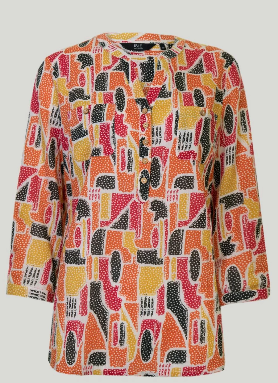 Isle Women's Earth Geo Print Crinkle Blouse - Stylish Flowy Top for Women