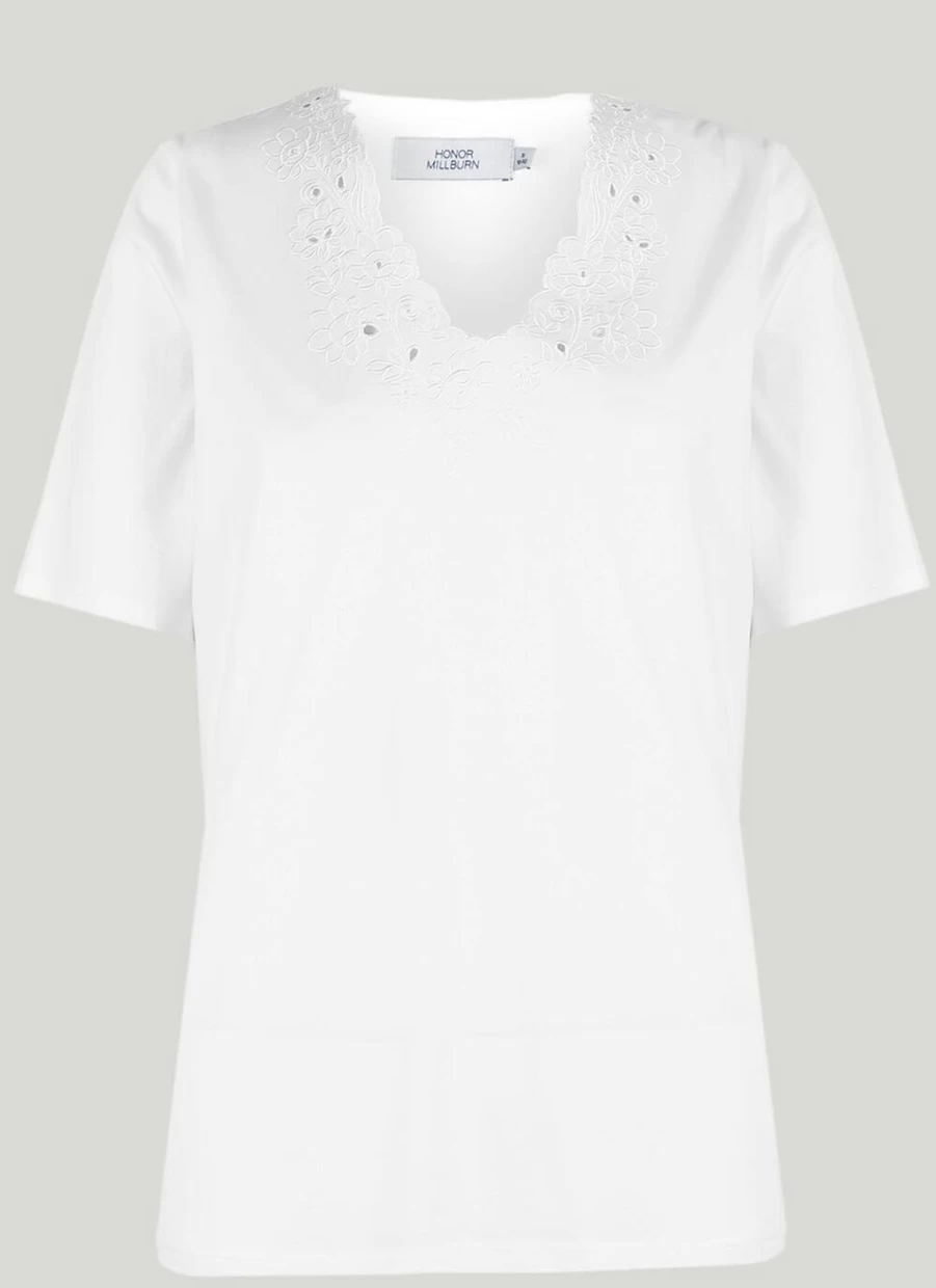 Honor Millburn Women's V-Neck Embroidered Cutwork T-Shirt - Stylish Floral Design Casual Top