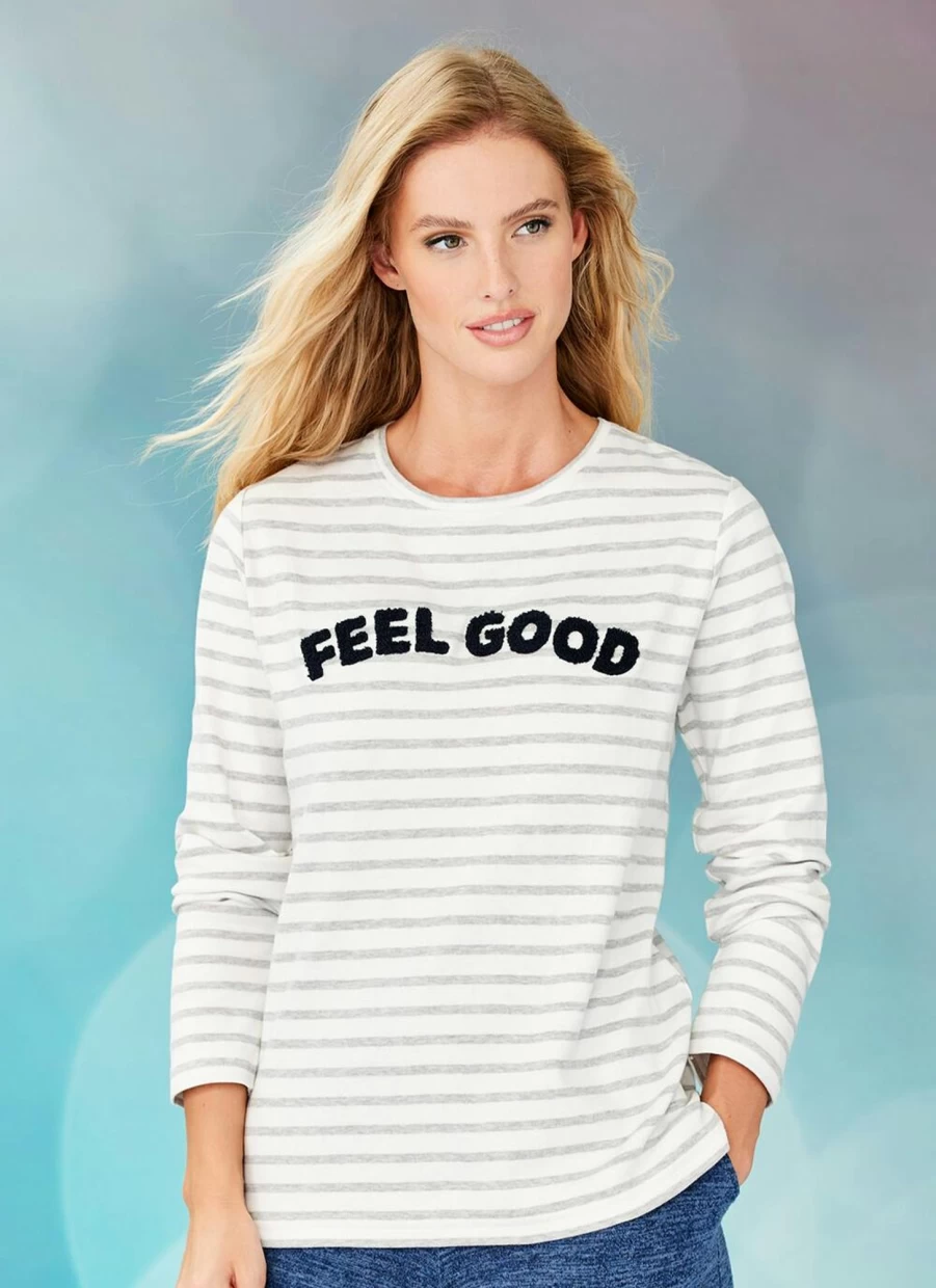 "Isle Loungewear Women's White Striped Slogan Top - Casual Comfortable T-Shirt"