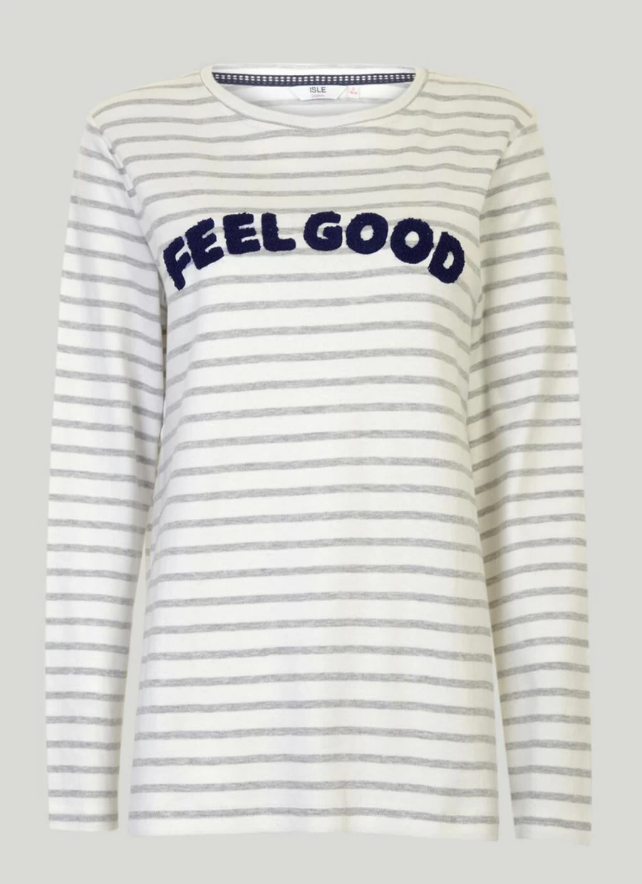 "Isle Loungewear Women's White Striped Slogan Top - Casual Comfortable T-Shirt"