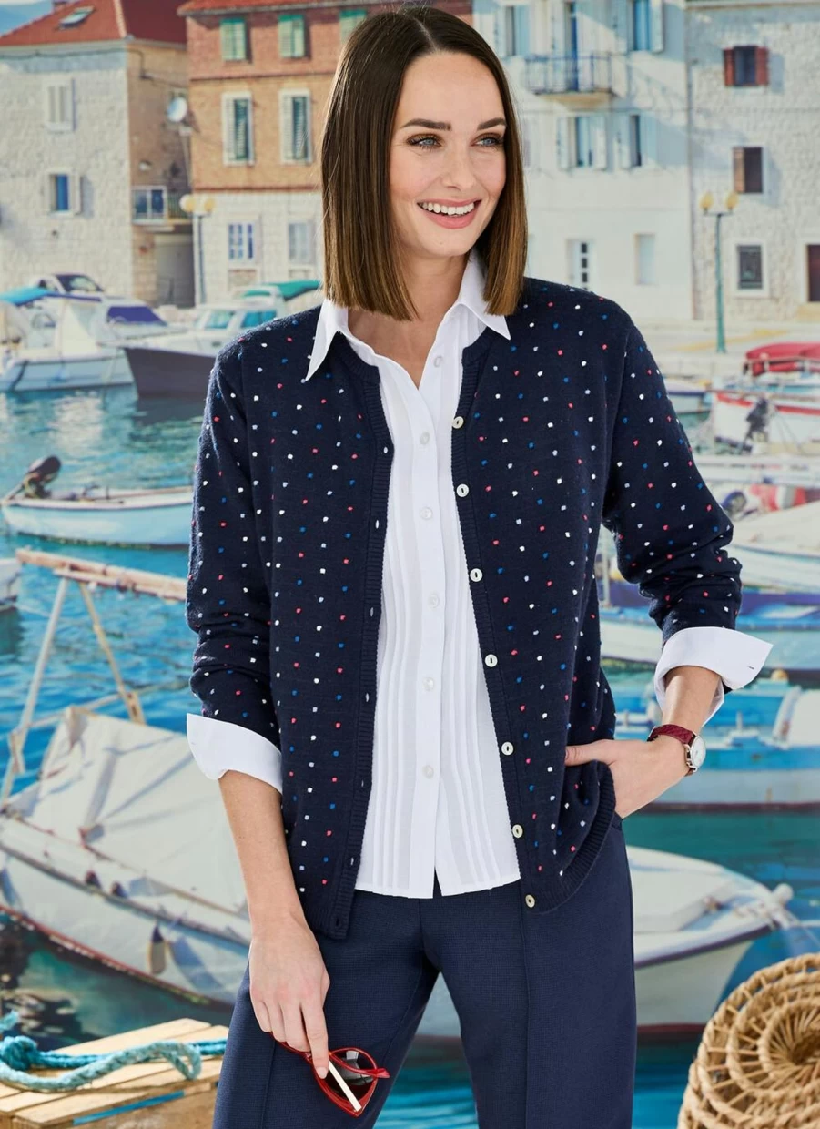 Honor Millburn Women's Spot Jacquard Knit Cardigan - Elegant Lace Pattern Open Front Sweater
