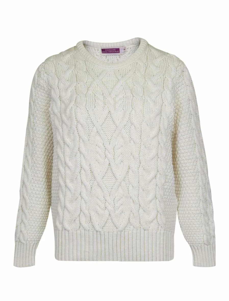 Highland Home Industries Women's Ecru Aran Wool Jumper - Soft Chunky Knit Sweater