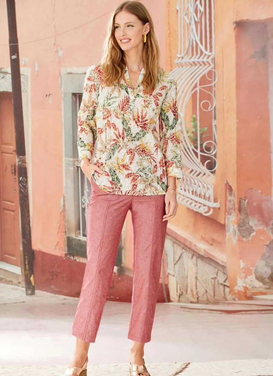 Isle Women's Pink Chambray Pull-On Comfort Stretch Trousers