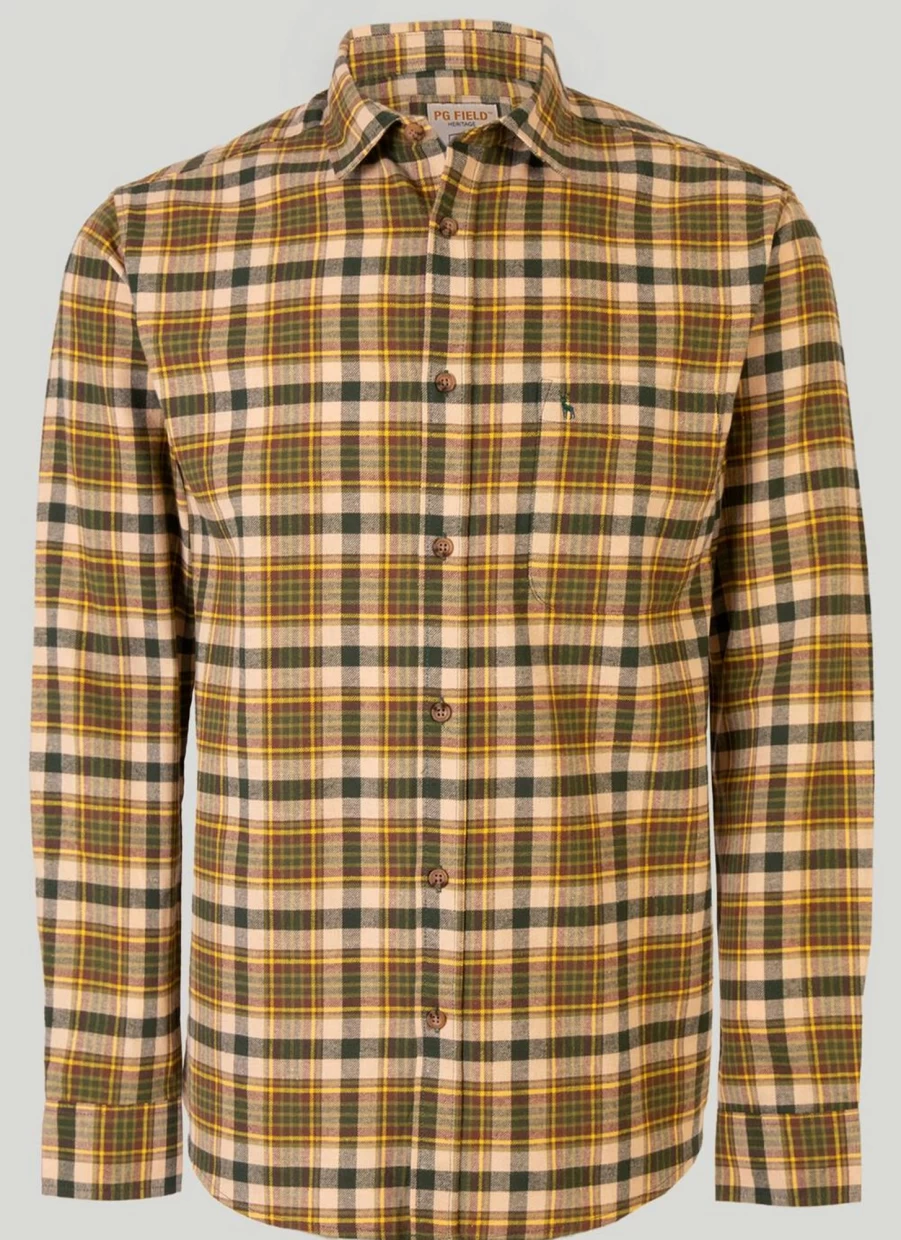 PG Field Men's Flannel Check Shirt - Soft Plaid Long Sleeve Casual Button-Up